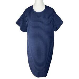J.Crew Navy Blue Horizontal Pleated Shift Dress B9434‎ Short Sleeve Gold Zip 12
